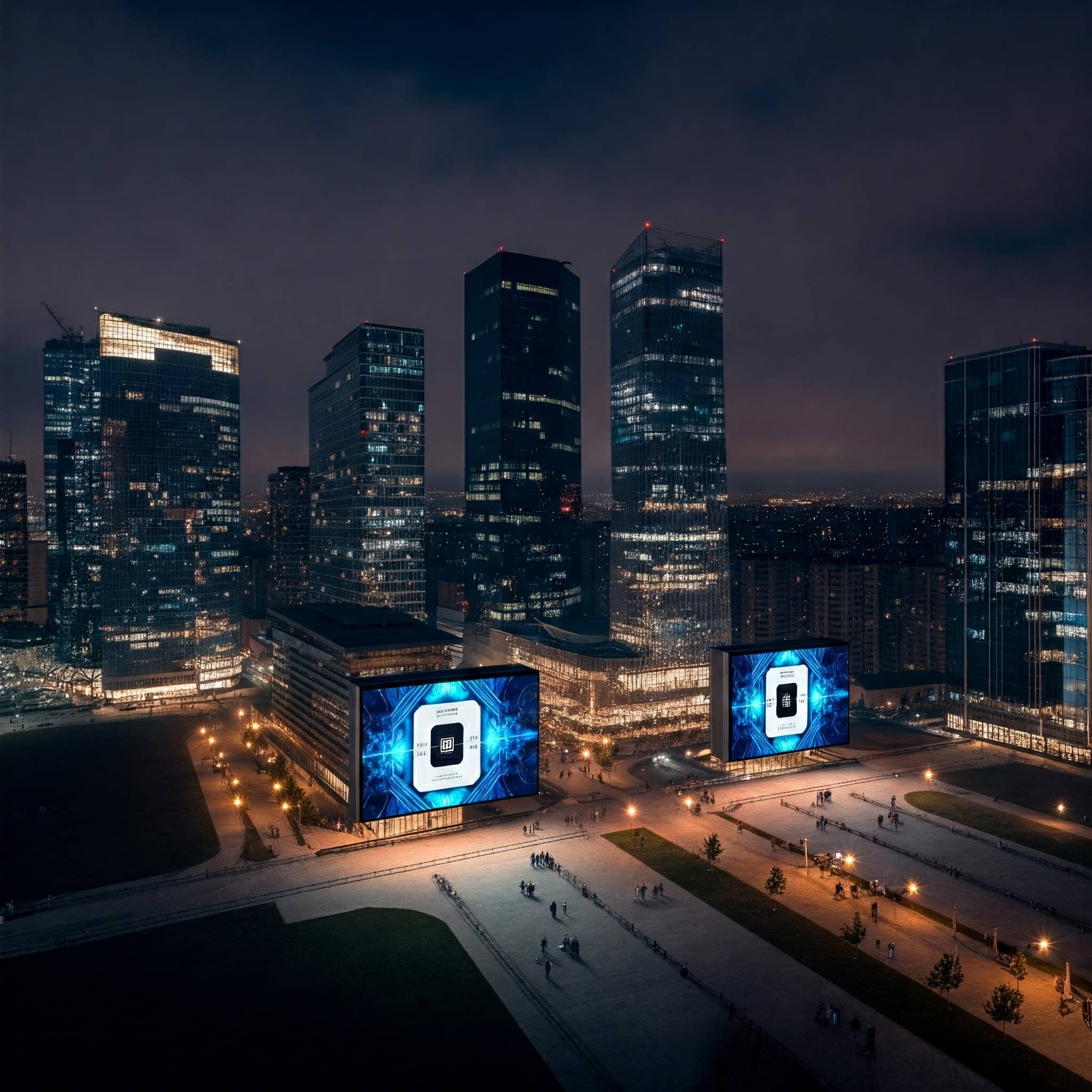 Aerial view of a modern city at dusk, showcasing skyscrapers with lights and large advertising screens.