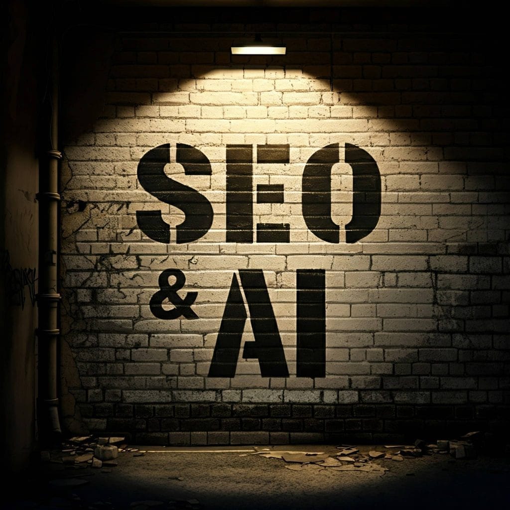 A wall with the words "SEO & AI" illuminated by a spotlight, set in a gritty alleyway environment.