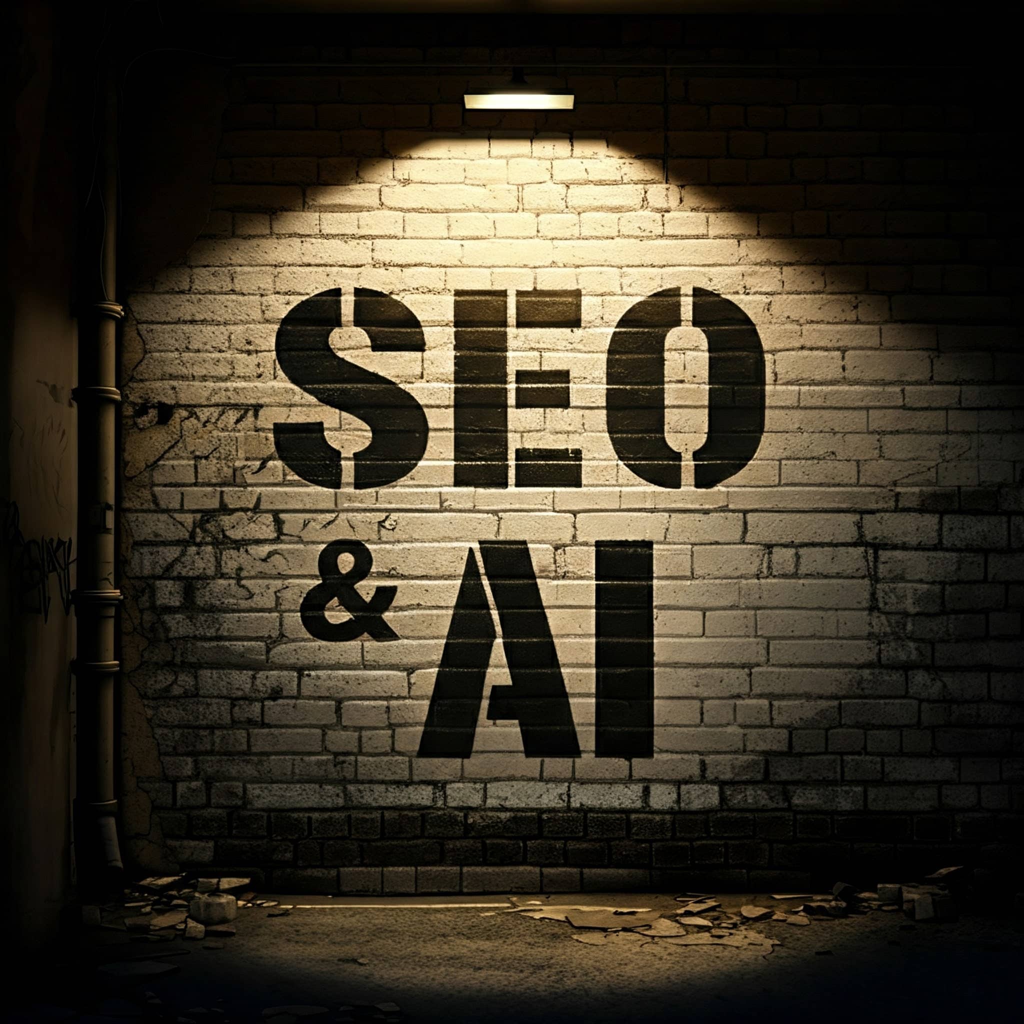 A wall with the words "SEO & AI" illuminated by a spotlight, set in a gritty alleyway environment.