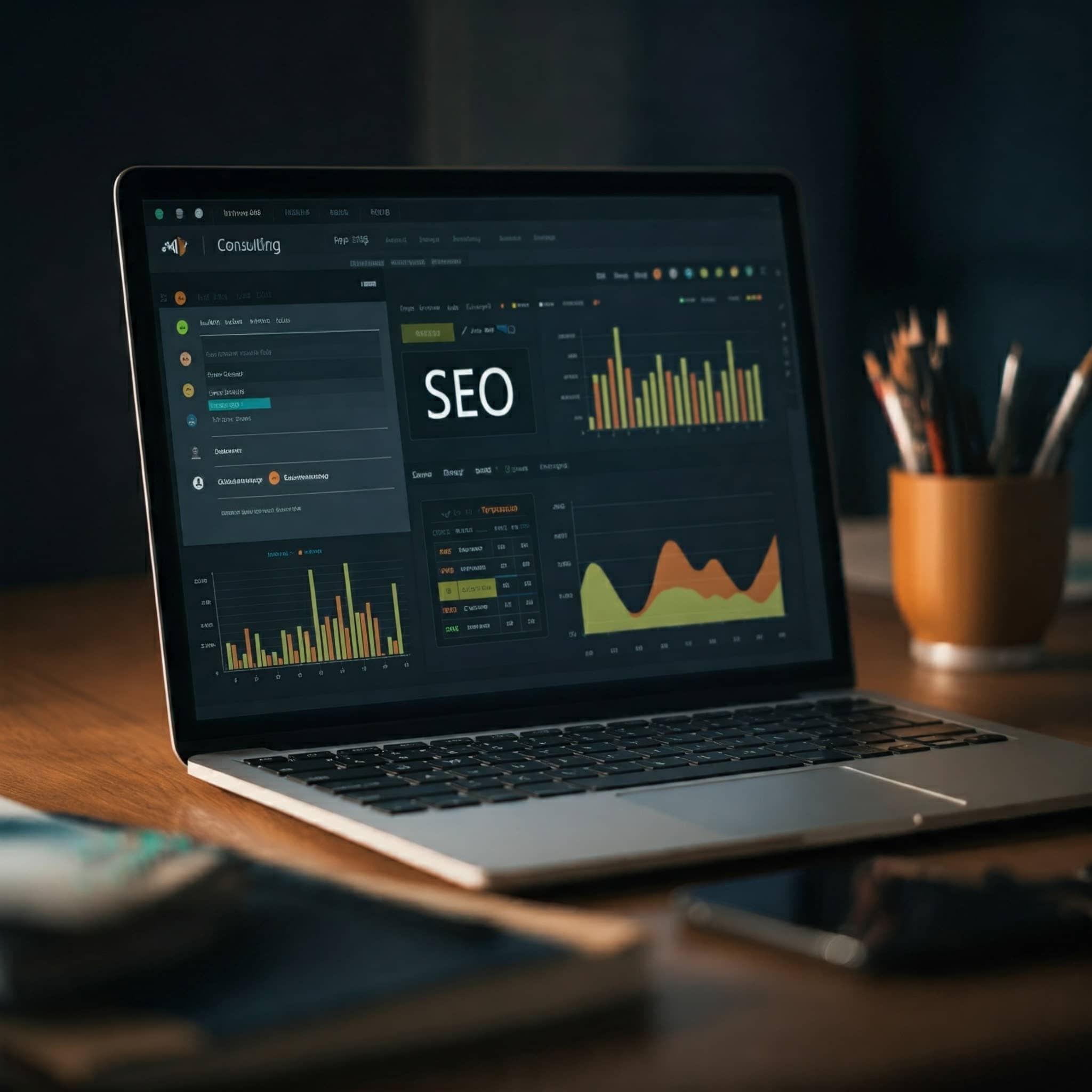 A laptop on a wooden desk displaying SEO analytics graphs and data, with a container of pencils next to it.