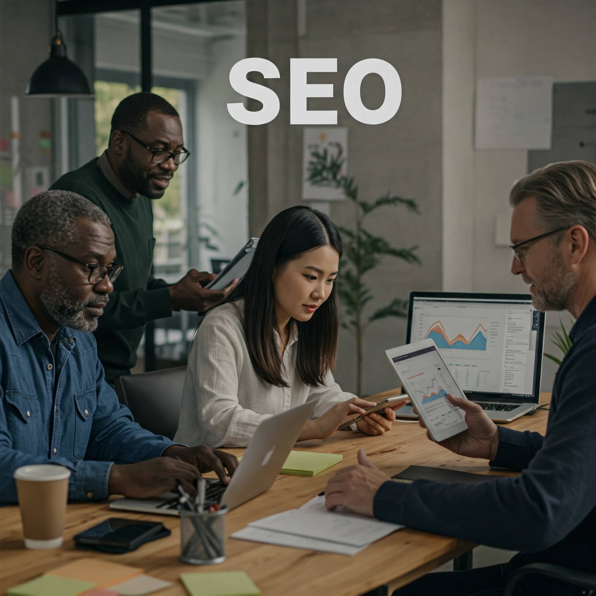 A diverse group of professionals collaborating around a table with laptops and digital devices, focused on SEO strategy and data analysis.