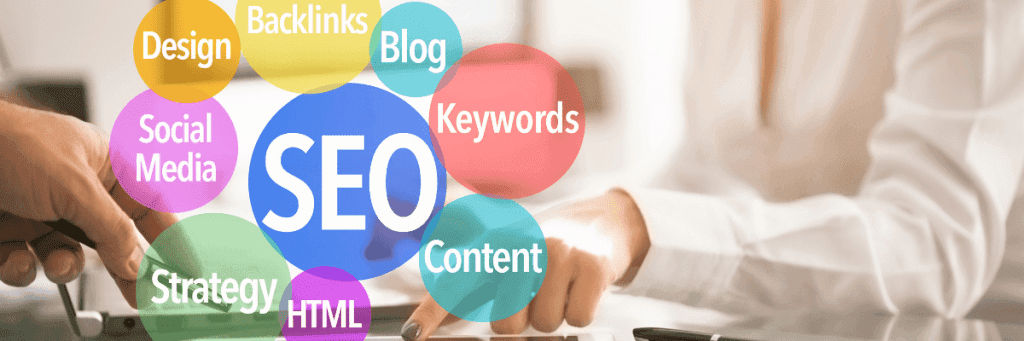 A person at a desk with SEO-related strategy and components like Backlinks, Blog, Keywords, and Social Media highlighted in colorful bubbles.