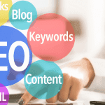 A person at a desk with SEO-related strategy and components like Backlinks, Blog, Keywords, and Social Media highlighted in colorful bubbles.