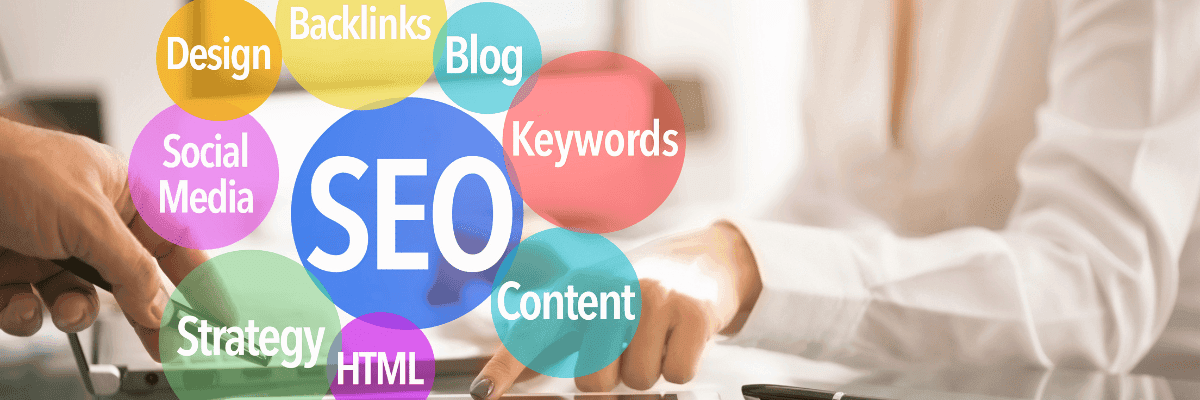 A person at a desk with SEO-related strategy and components like Backlinks, Blog, Keywords, and Social Media highlighted in colorful bubbles.