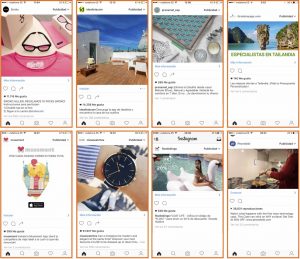 Varias publicac8iones de redes sociales en 8 pantallas de celulares.