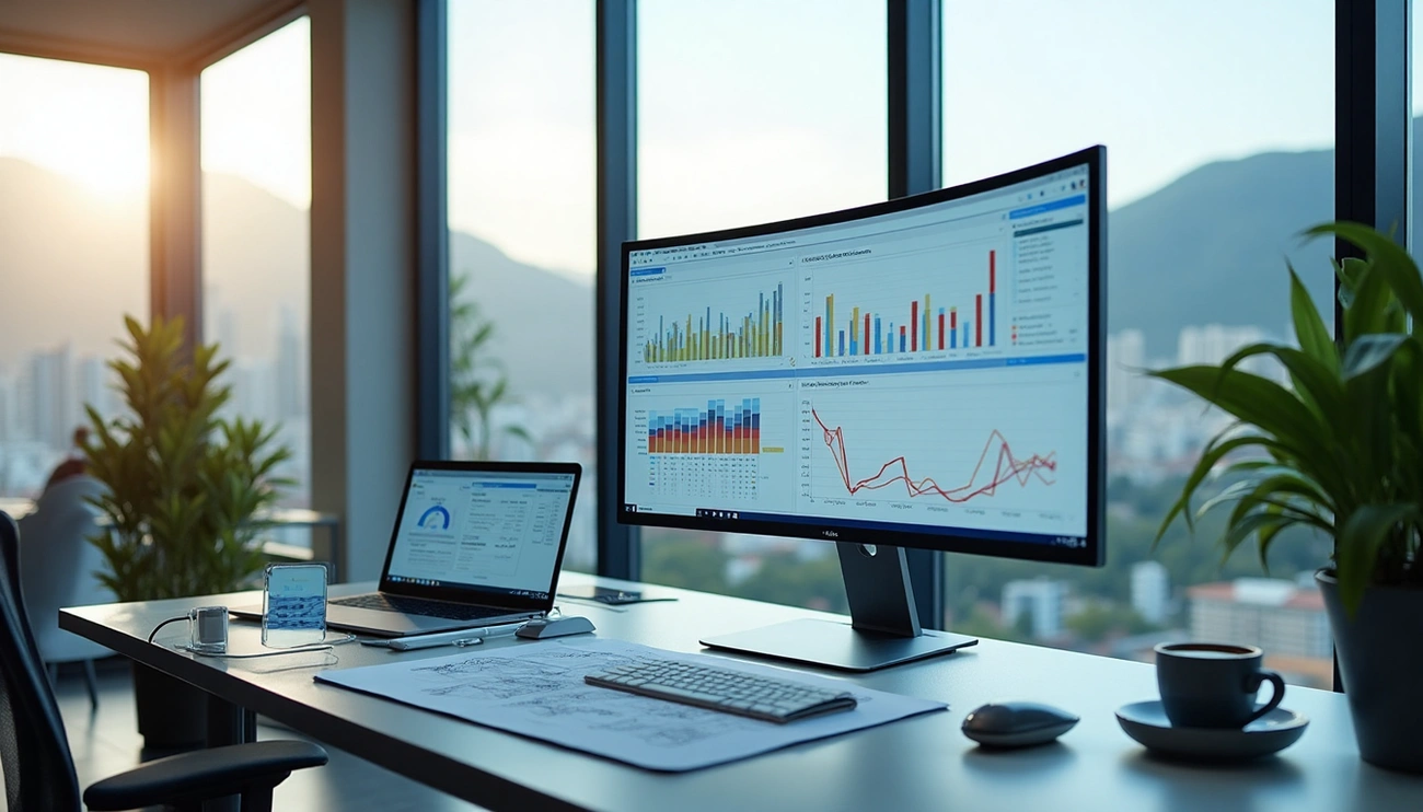 A sleek office space featuring a large curved monitor displaying colorful data charts, a laptop, a notepad, and a coffee cup, all set against a backdrop of a city skyline and mountains.