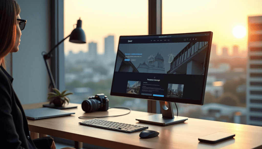 A professional setting with a woman viewing a website on a computer monitor, featuring a city skyline in the background and a camera on the desk.