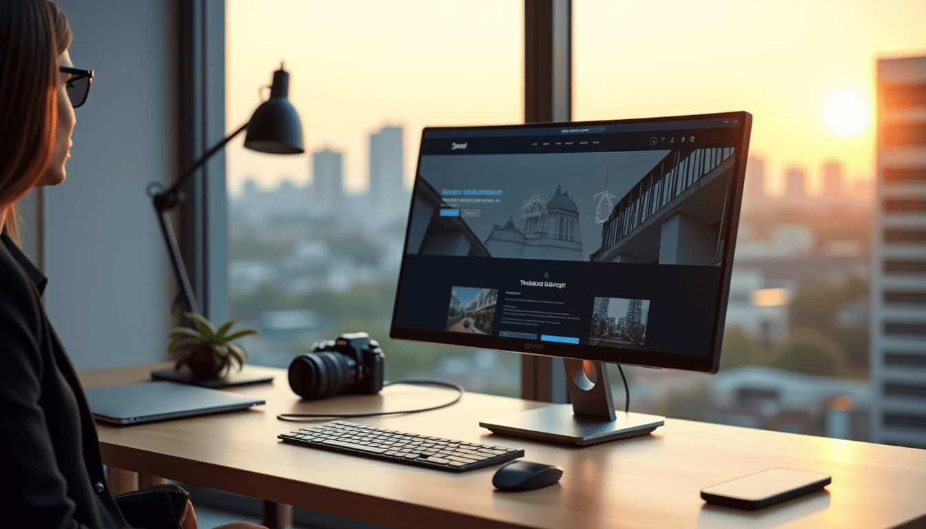 A professional setting with a woman viewing a website on a computer monitor, featuring a city skyline in the background and a camera on the desk.