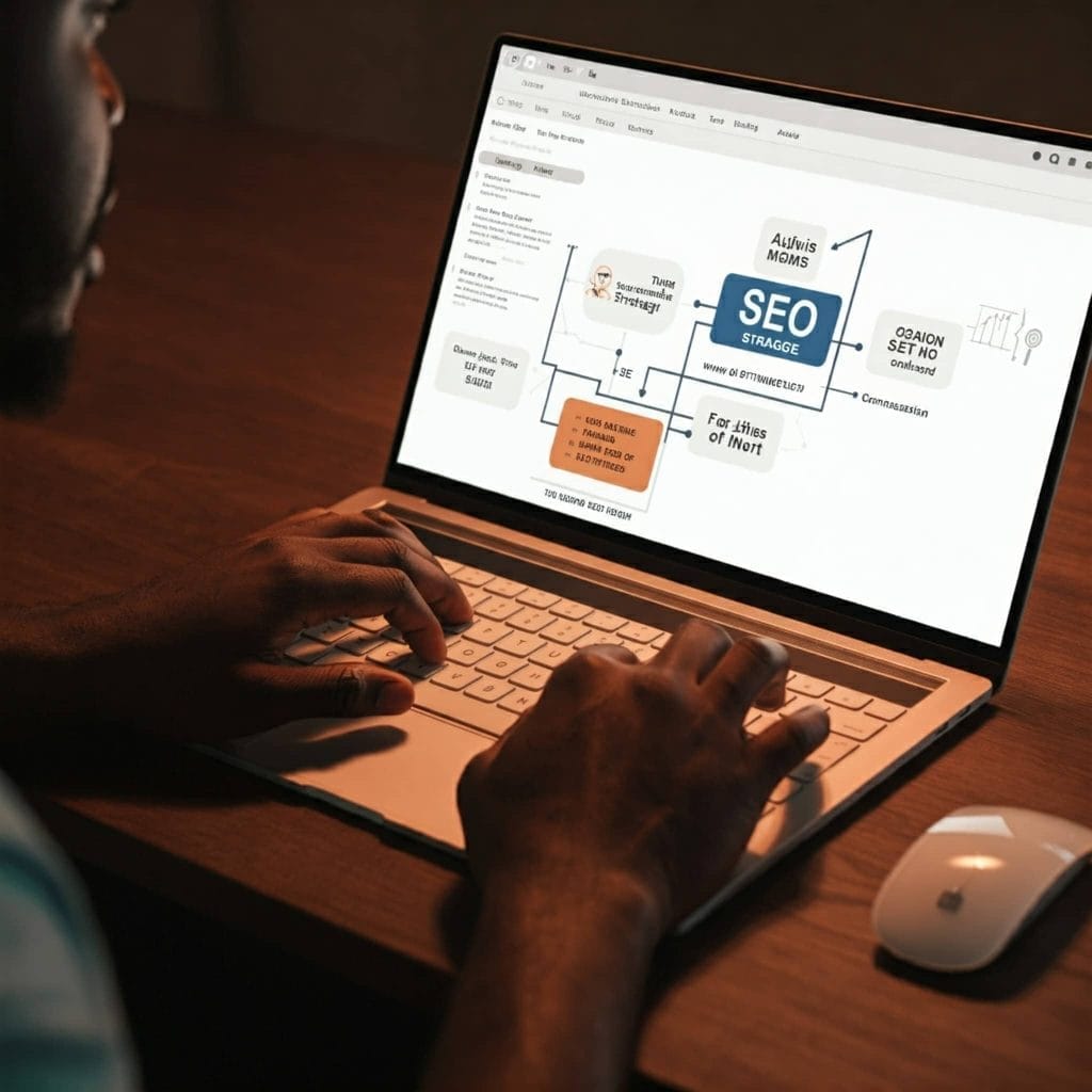 A person working on a laptop with an SEO strategy presentation on the screen