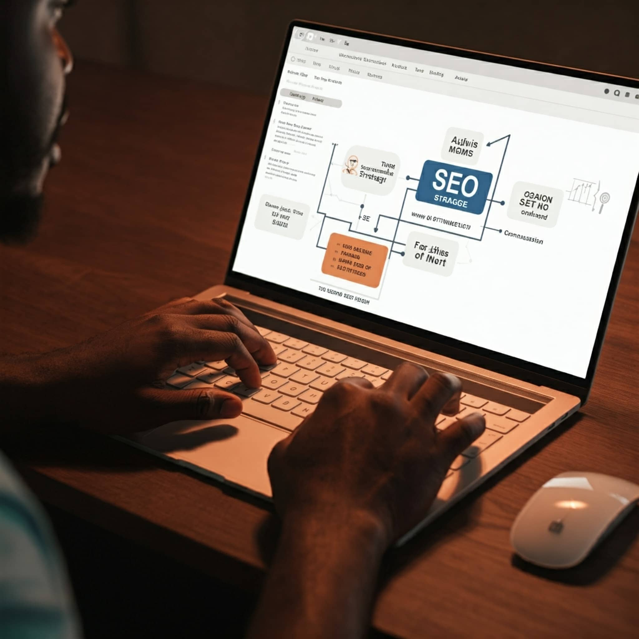 A person working on a laptop with an SEO strategy presentation on the screen